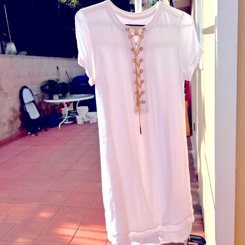 ✨ NWOT MK White Short-Sleeve Dress with Gold Chain Lace-Up